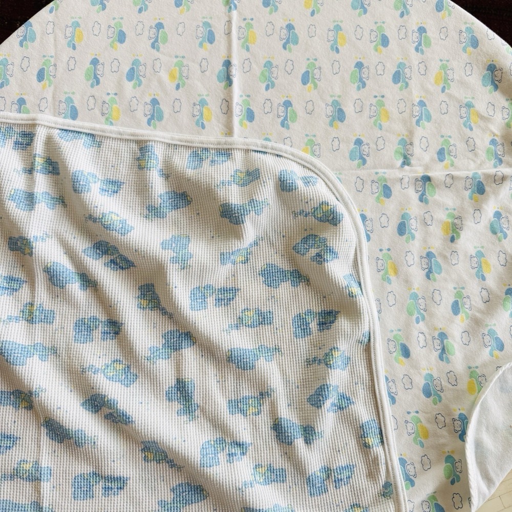 Vintage 80s‎ 90s Baby Blanket Lot Aviator Airplanes & Bears Blue Thermal Cotton